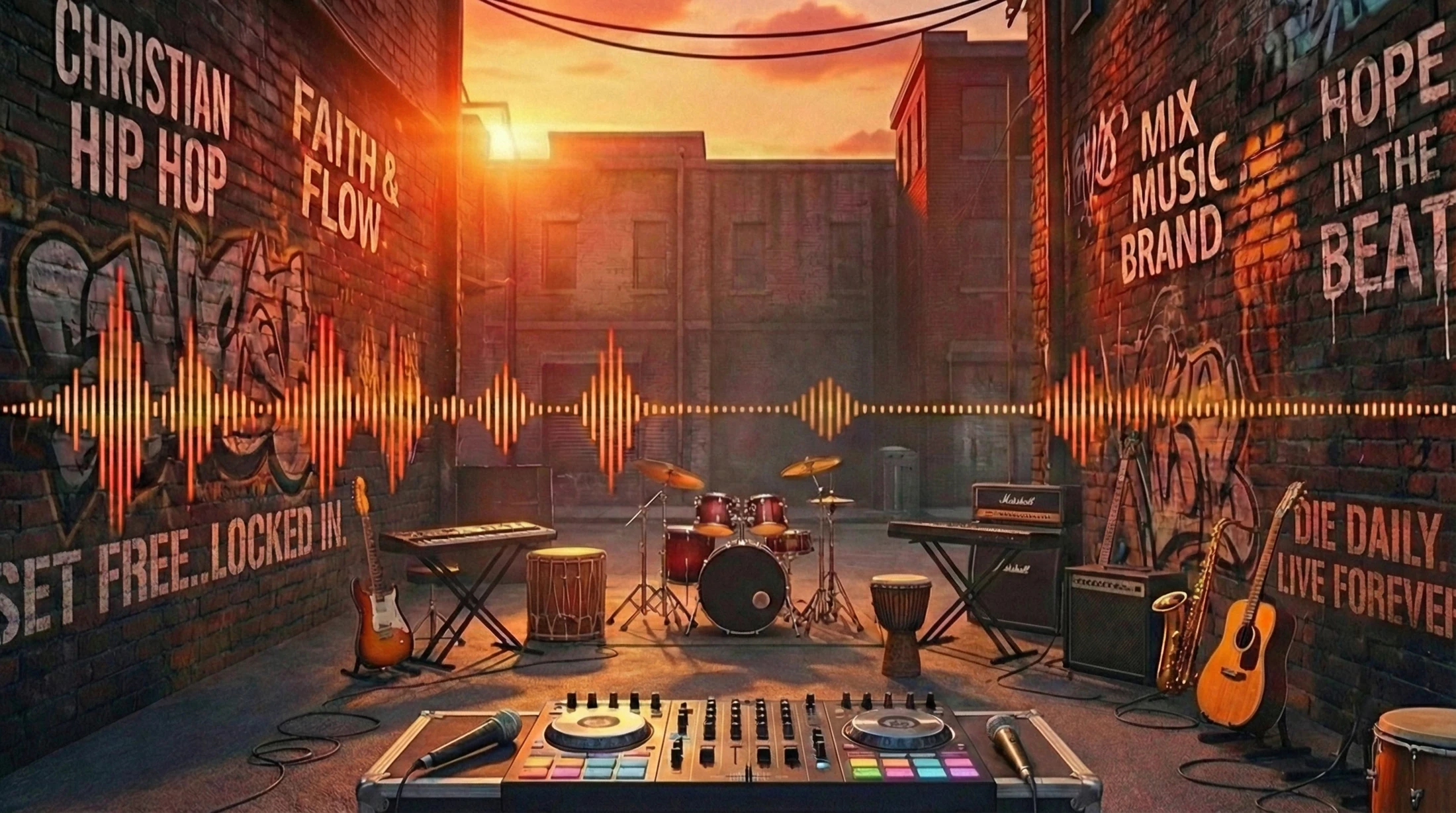 Cross Company Crew’s original artwork: a sunlit urban music space with instruments and a mixing desk